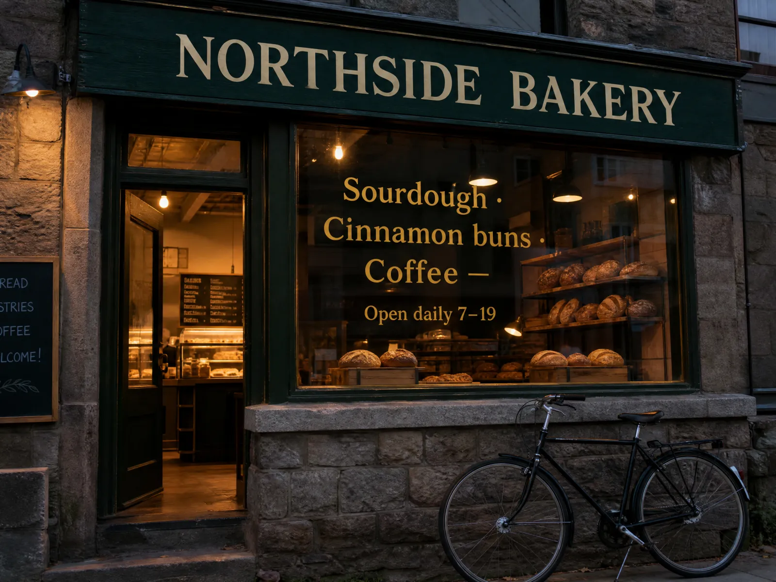 A bakery storefront at dusk with a painted sign reading Northside Bakery and gold window lettering.