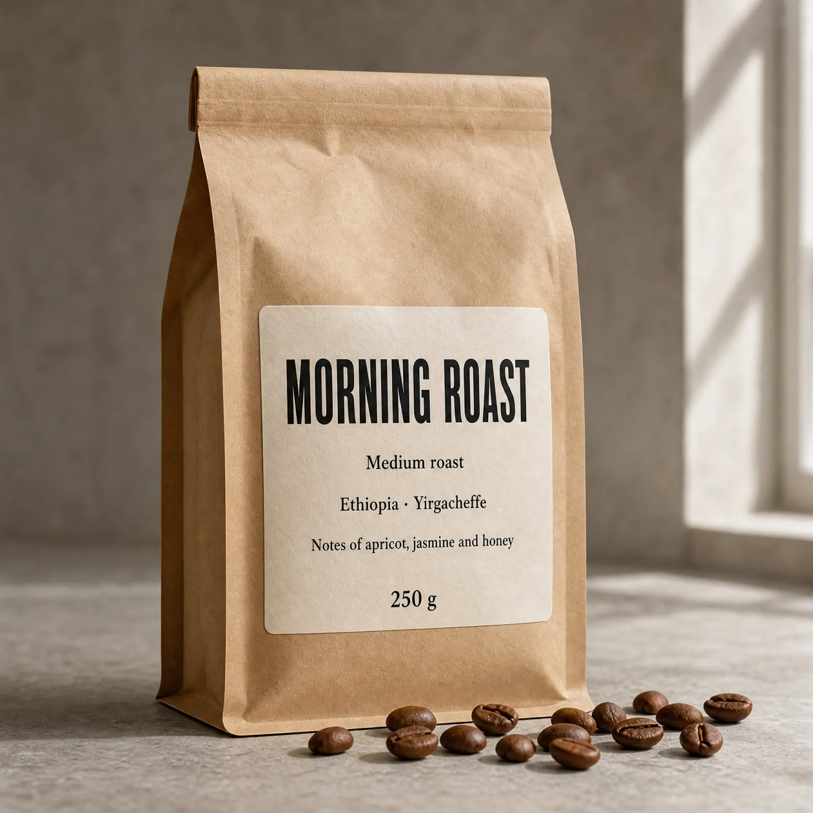 A kraft coffee bag with a cream label reading Morning Roast, medium roast, Ethiopia Yirgacheffe, 250 g.