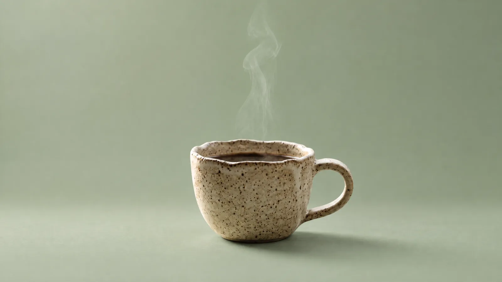 The same cup, glaze and steam, now on a pale sage studio backdrop.