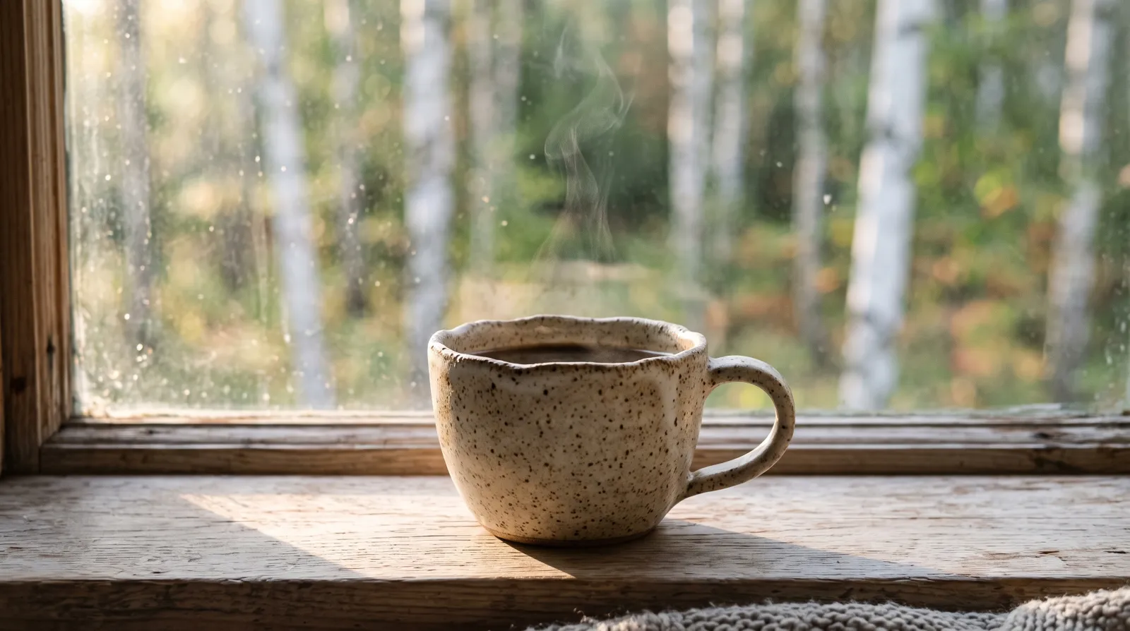 A speckled stoneware coffee cup on a wooden windowsill, steam rising, birch trees outside.