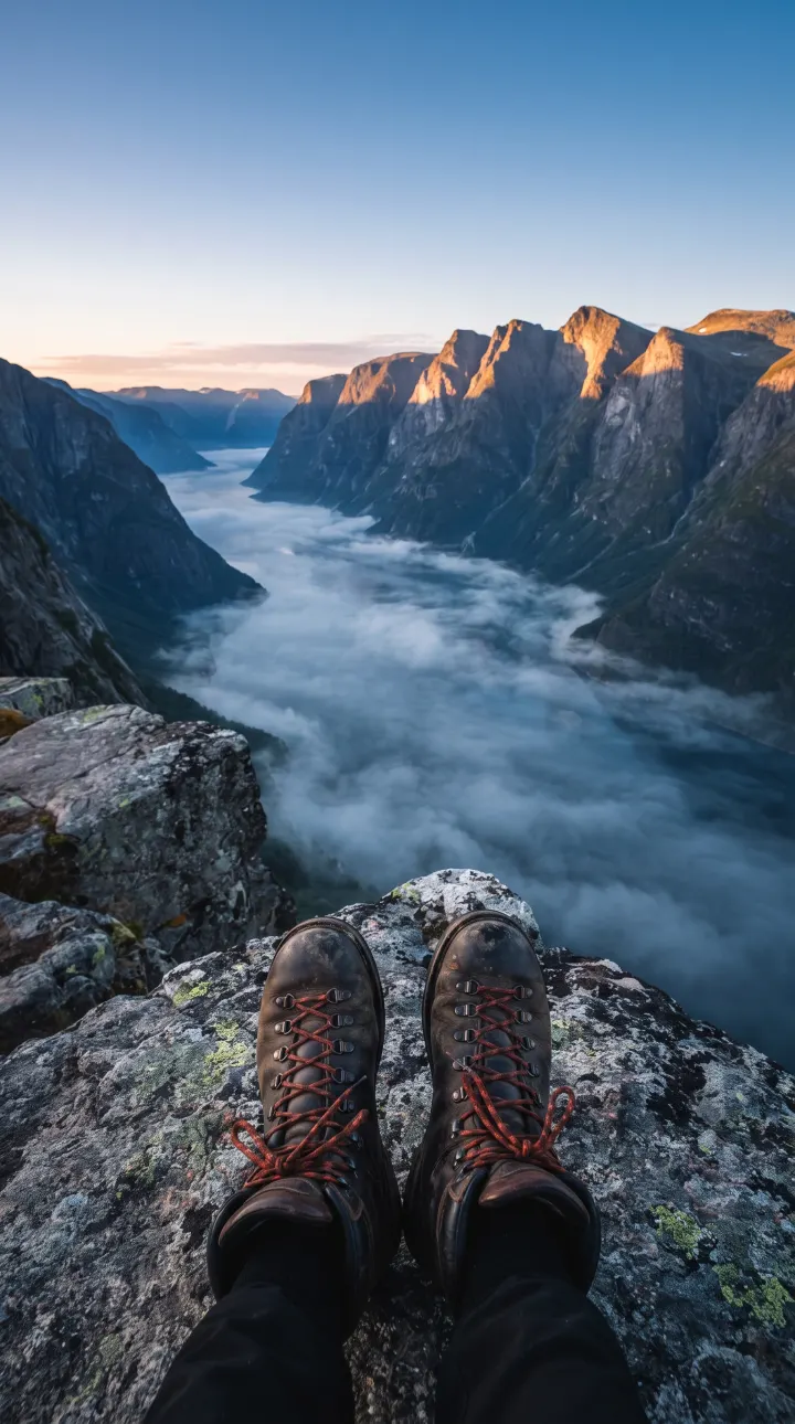 Hiking boots on a granite ledge above a fjord filled with morning mist.