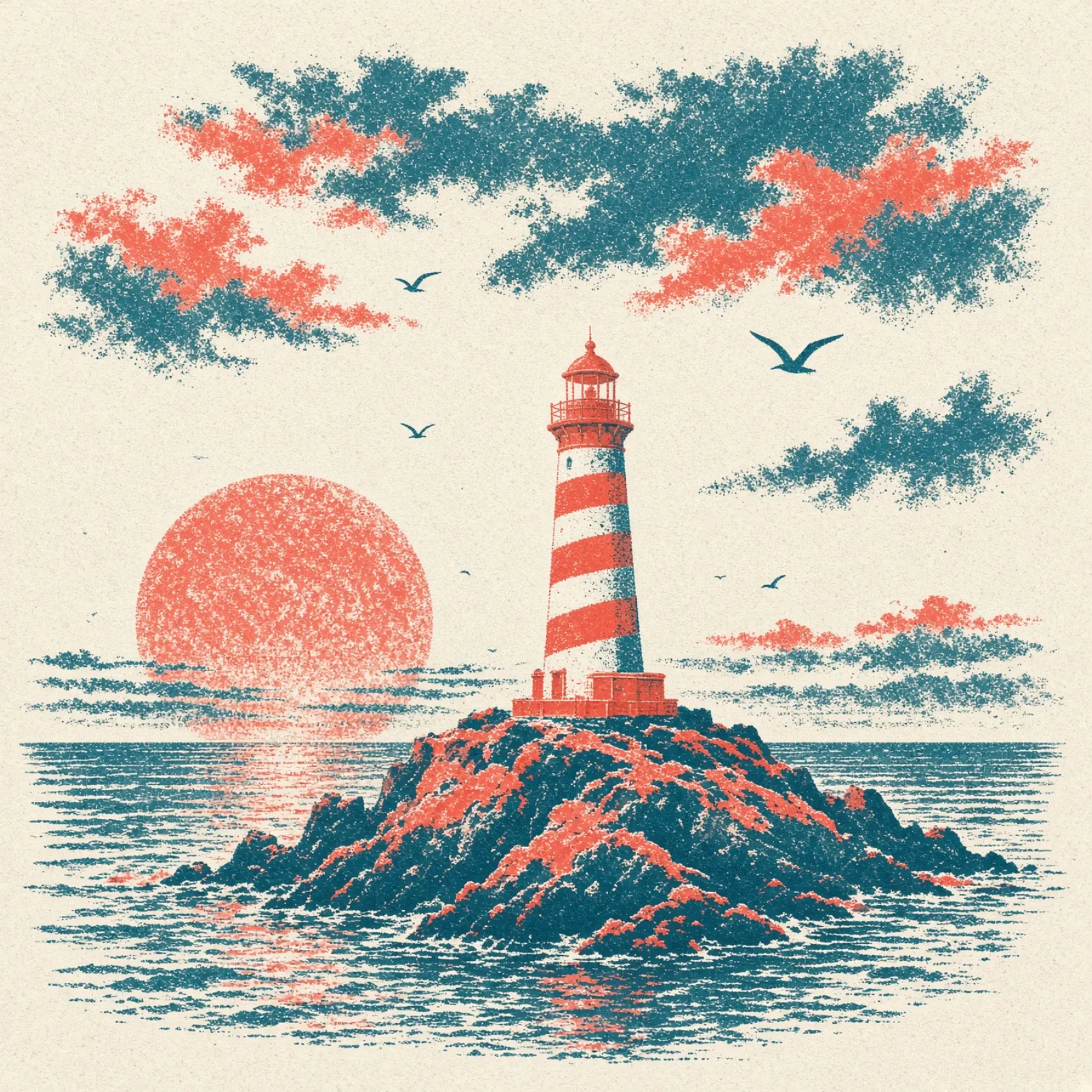 A two-colour risograph print of a striped lighthouse on a rocky island at dusk.