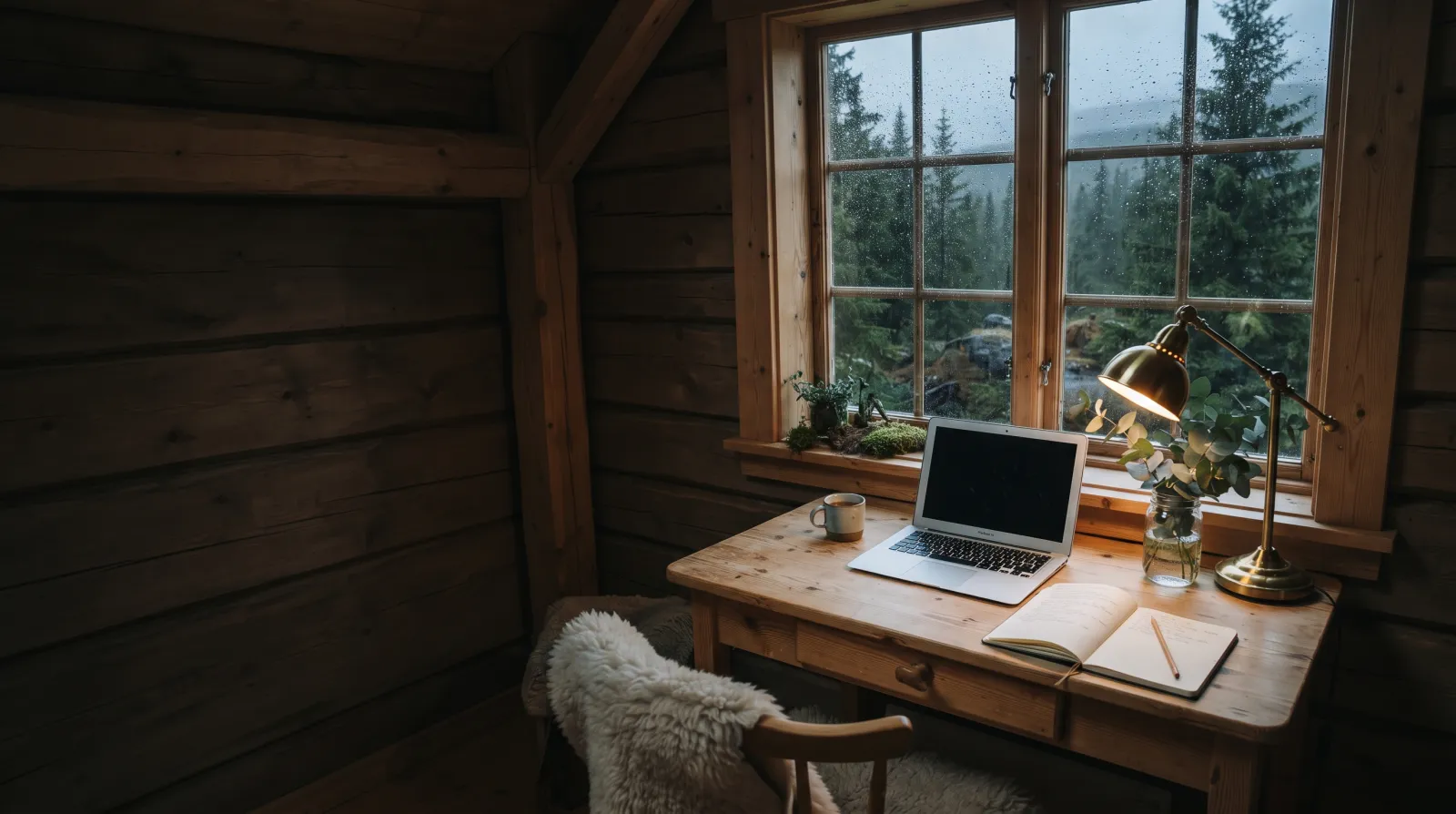 A pine desk under a cabin window on a rainy afternoon, with a laptop, a notebook and a brass lamp.